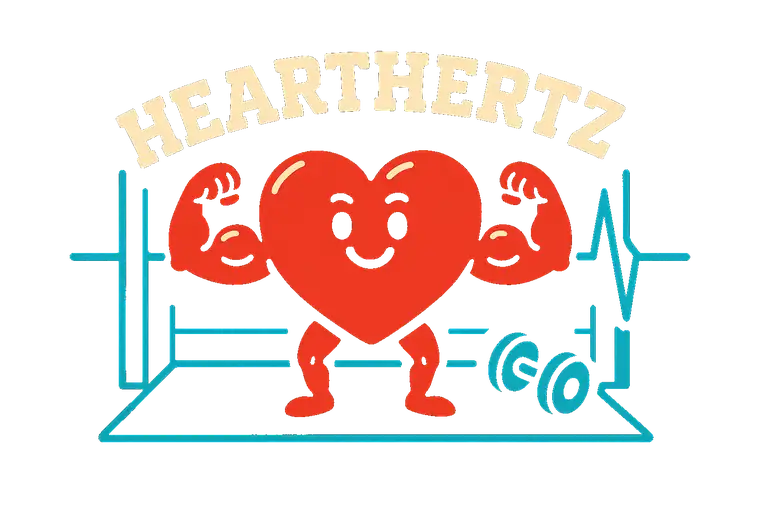 The HeartHertz boot splash: a muscular cartoon heart flexing beside a barbell